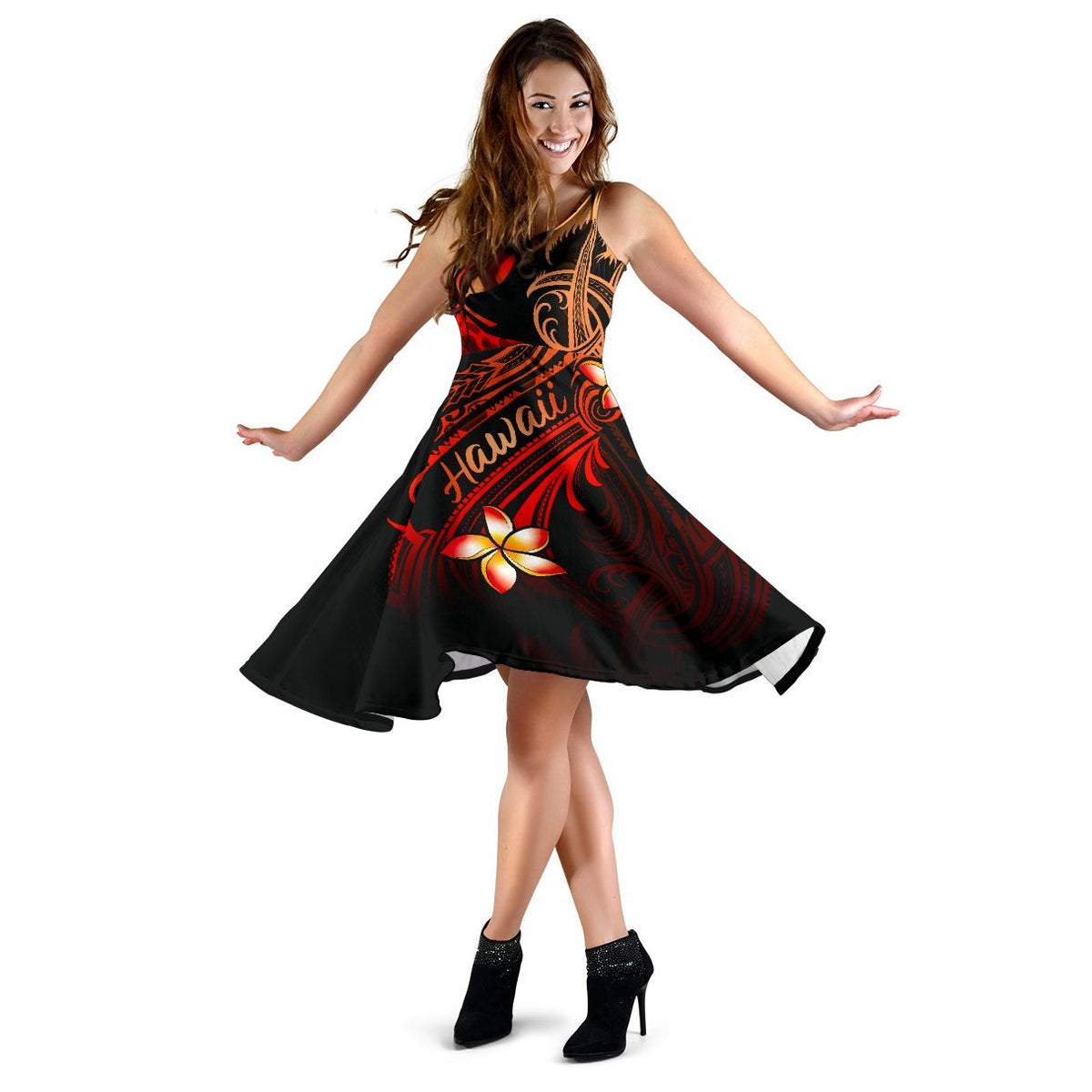 Hawaii Polynesian Midi Dress - Plumeria Flowers And Waves - Polynesian Pride