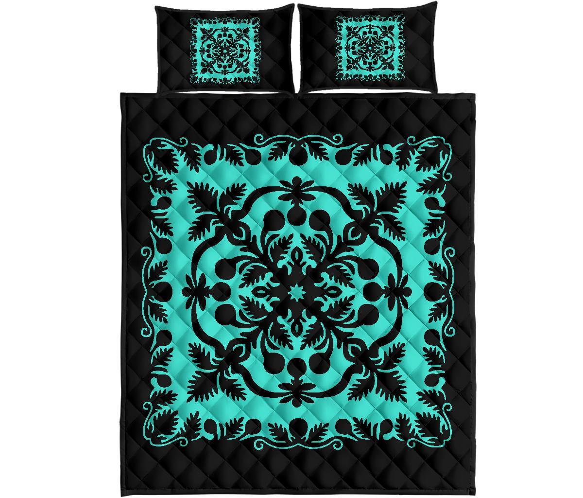 Hawaii Quilt Bed Set Royal - Black And Turquoise Black - Polynesian Pride