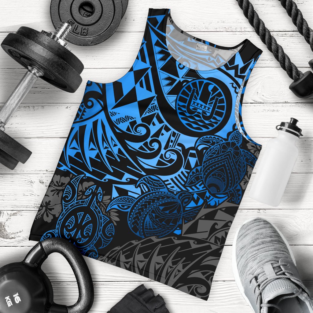 Tahiti Polynesian Men Tank Top - Blue Turtle Hibiscus Flowing BLUE - Polynesian Pride