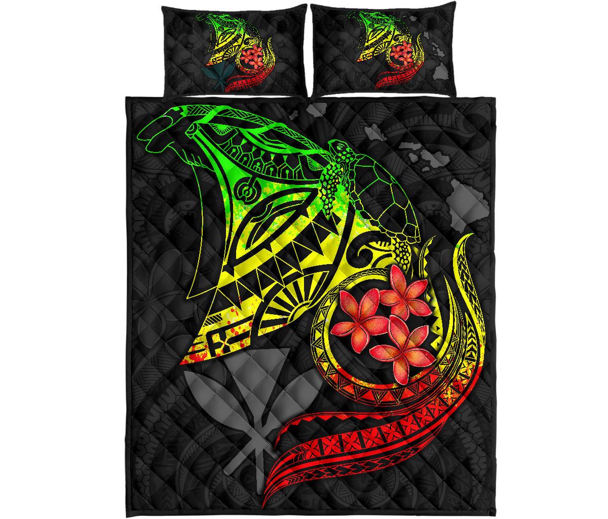 Hawaiian Polynesian Quilt Bed Set - Kanaka Maoli & Reggae Manta Ray Turtle Tentacle - Polynesian Pride