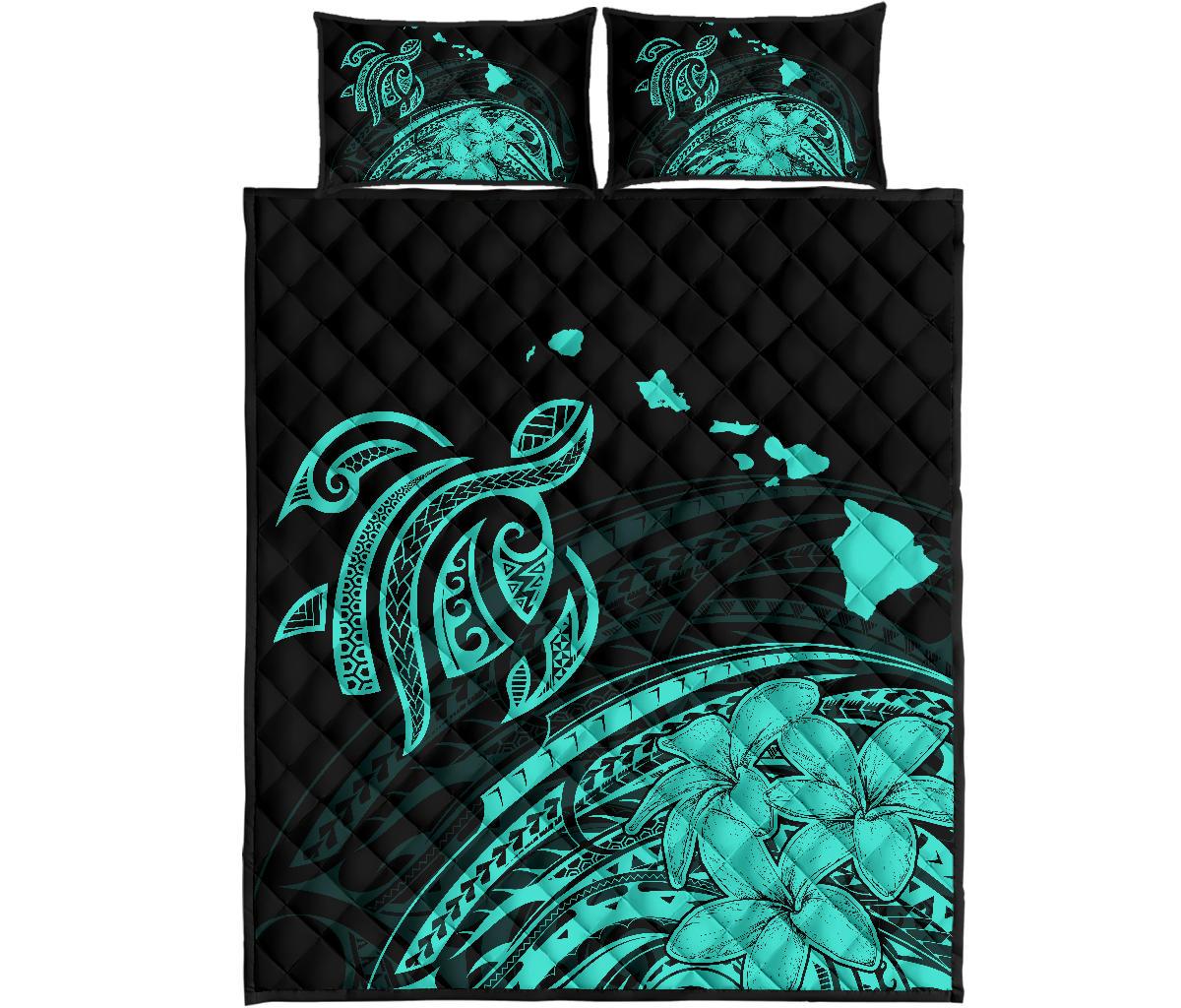 Hawaii Quilt Bed Set - Turtle Polynesian Map Plumeria Turquoise Turquoise - Polynesian Pride