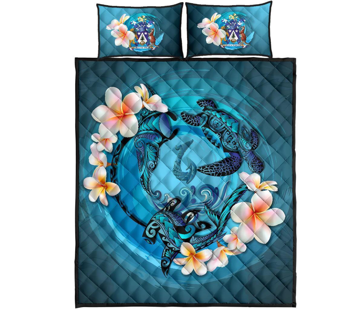 Norfolk Island Polynesian Quilt Bed Set - Blue Plumeria Animal Tattoo - Polynesian Pride