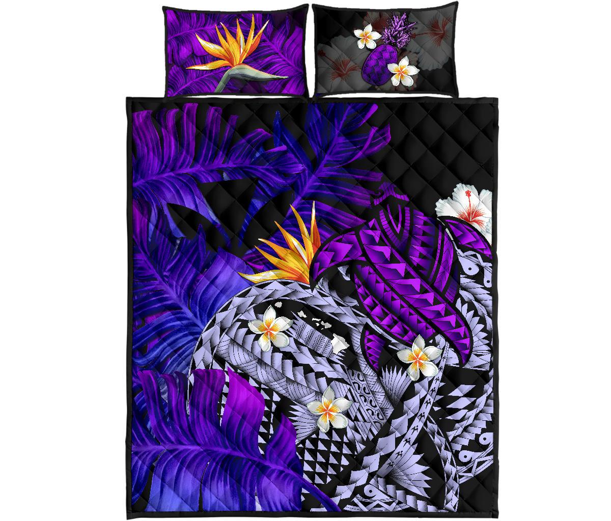 Kanaka Maoli (Hawaiian) Quilt Bed Set, Polynesian Pineapple Banana Leaves Turtle Tattoo Purple Purple - Polynesian Pride
