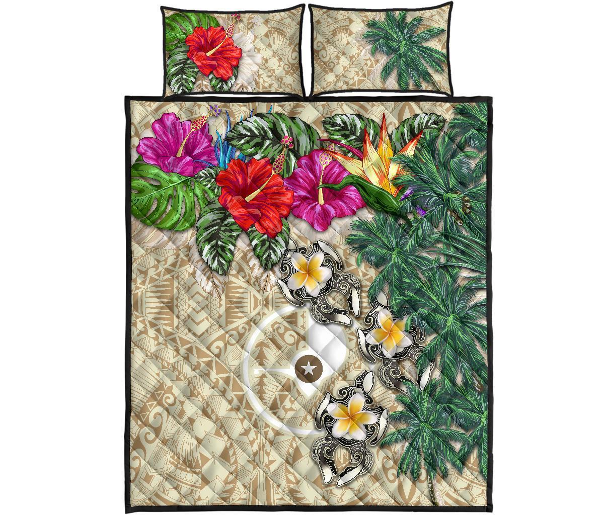 Yap Polynesian Quilt Bed Set - Hibiscus Turtle Tattoo Beige - Polynesian Pride