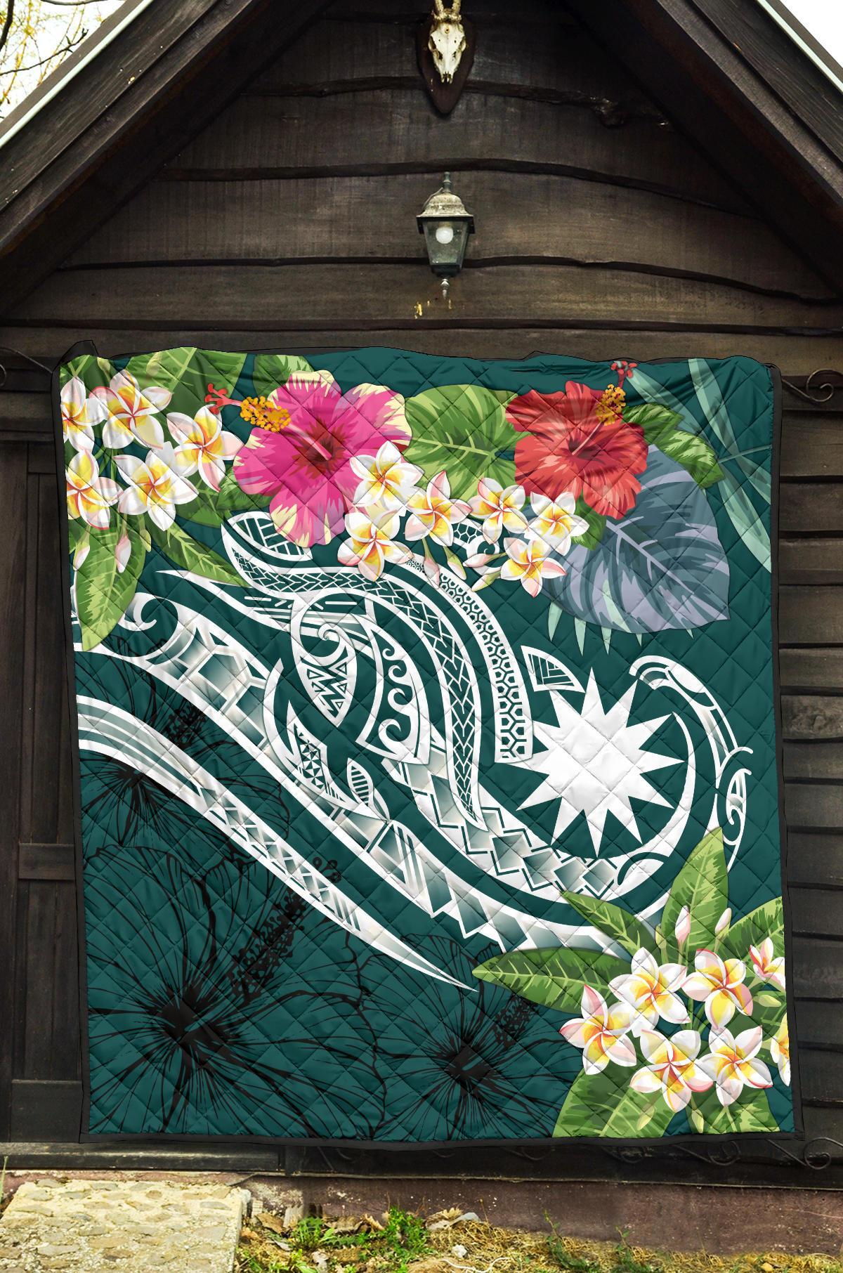 Nauru Polynesian Premium Quilt - Summer Plumeria (Turquoise) - Polynesian Pride