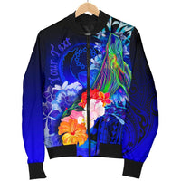 Pohnpei Custom Personalised Men's Bomber Jacket - Humpback Whale with Tropical Flowers (Blue) - Polynesian Pride