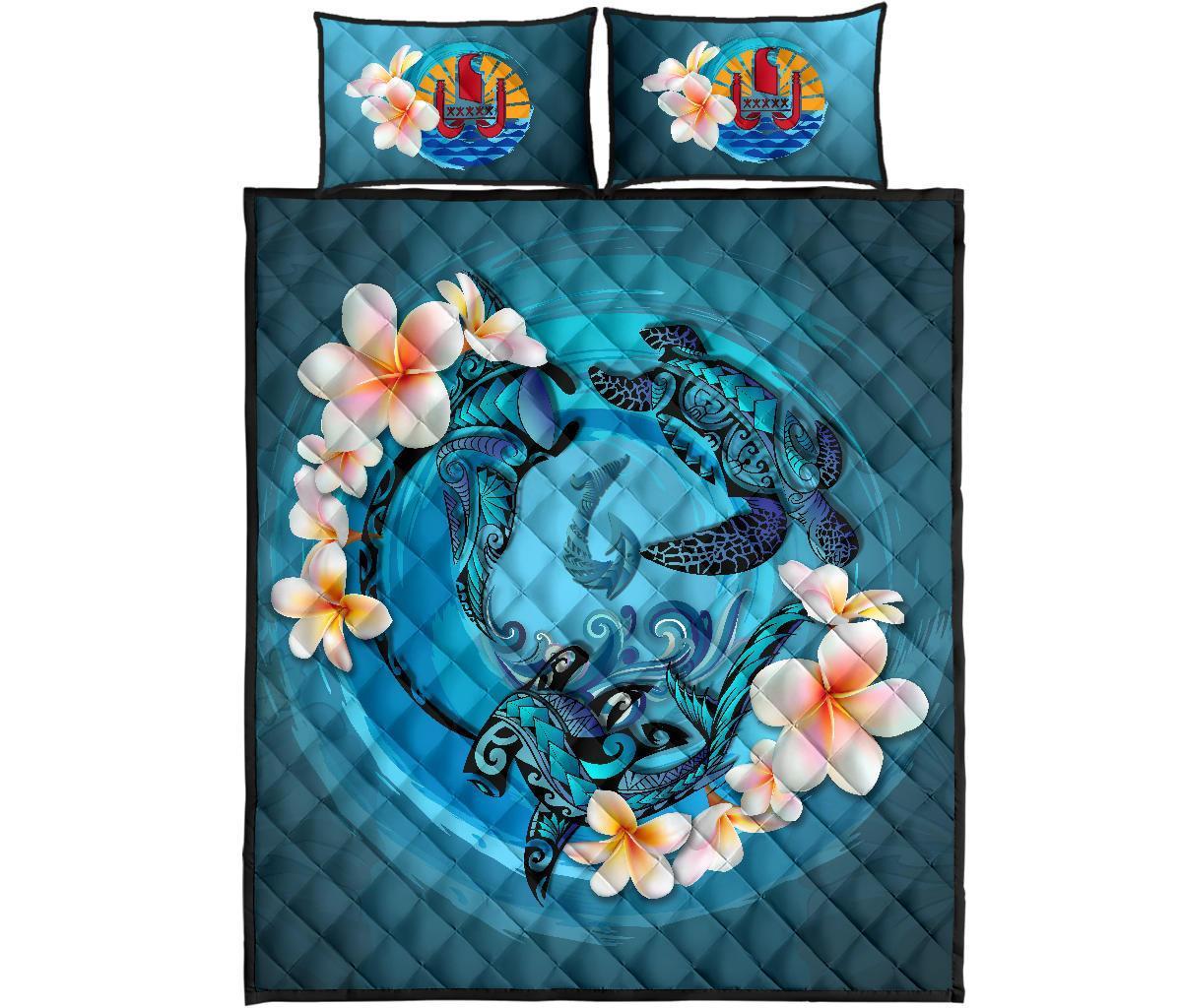 Tahiti Polynesian Quilt Bed Set - Blue Plumeria Animal Tattoo - Polynesian Pride