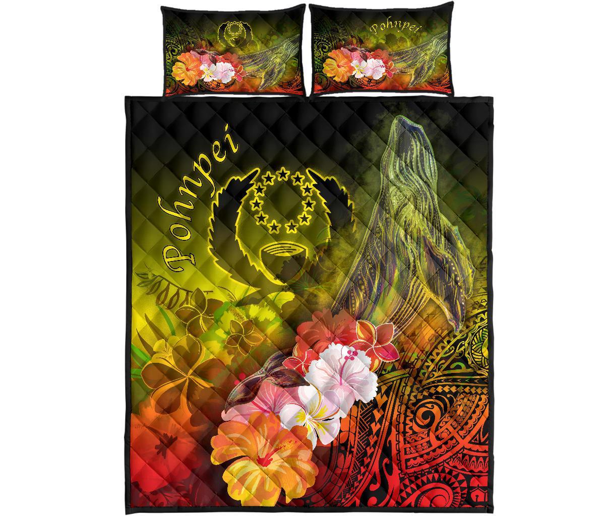 Pohnpei Quilt Bed Set - Humpback Whale with Tropical Flowers (Yellow) - Polynesian Pride