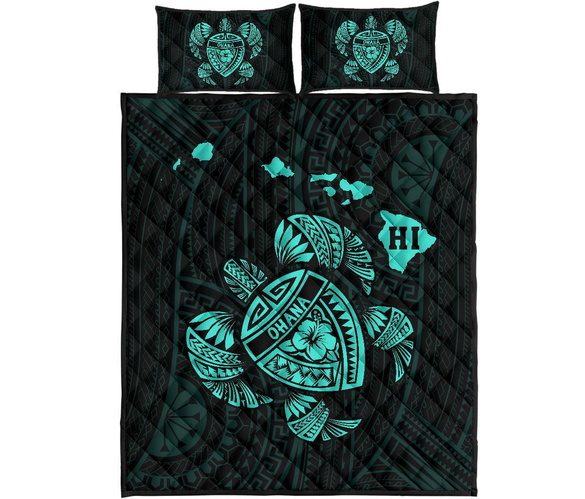 Hawaii Turtle Hibicus Map Quilt Bed Set - Turquoise Turquoise - Polynesian Pride