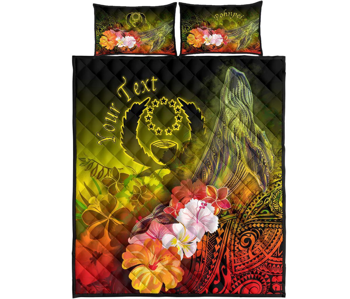 Pohnpei Custom Personalised Quilt Bed Set - Humpback Whale with Tropical Flowers (Yellow) - Polynesian Pride