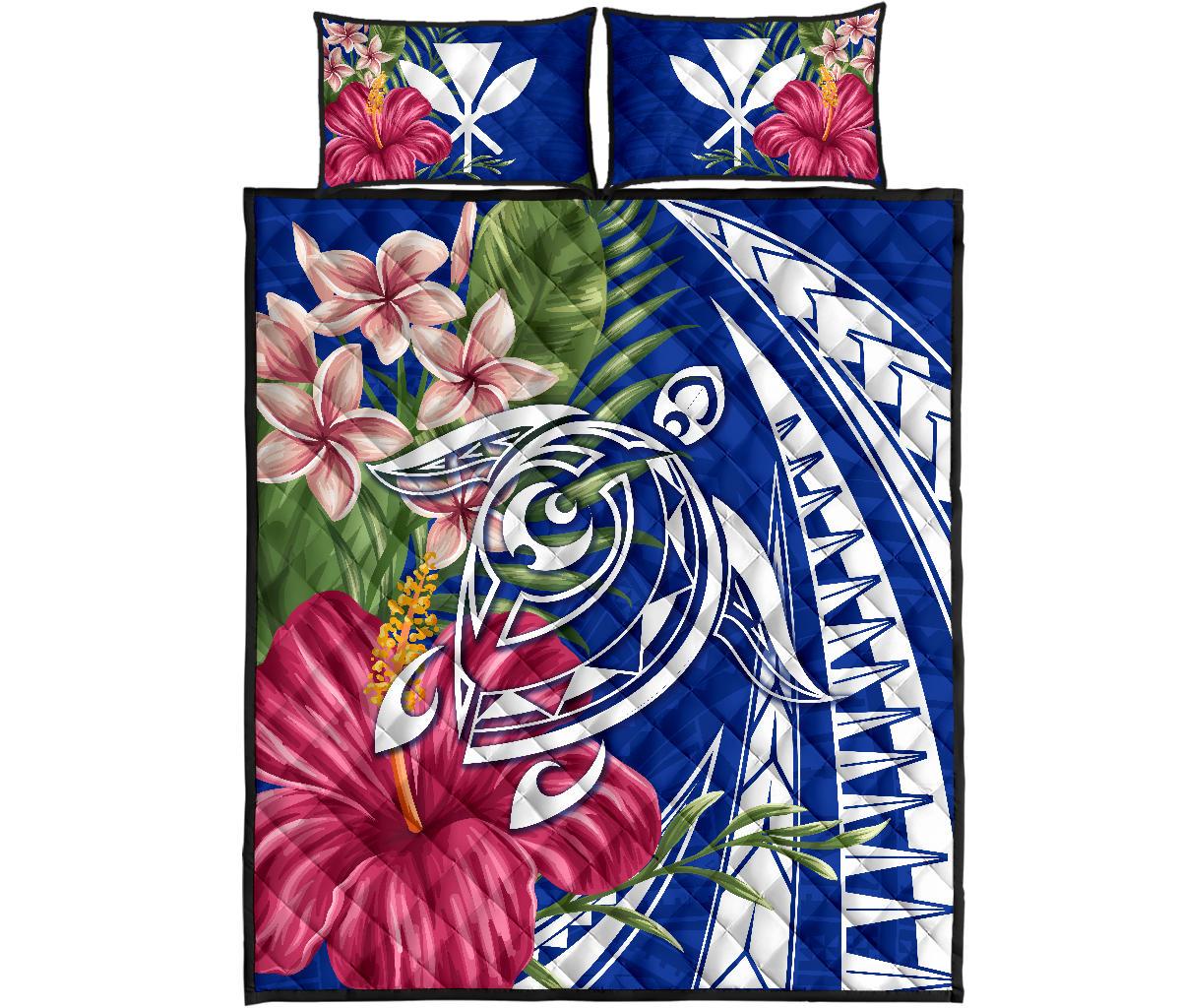 Hawaii Polynesian Turtle Tropical Hibiscus Plumeria Quilt Bed Set - Blue Blue - Polynesian Pride