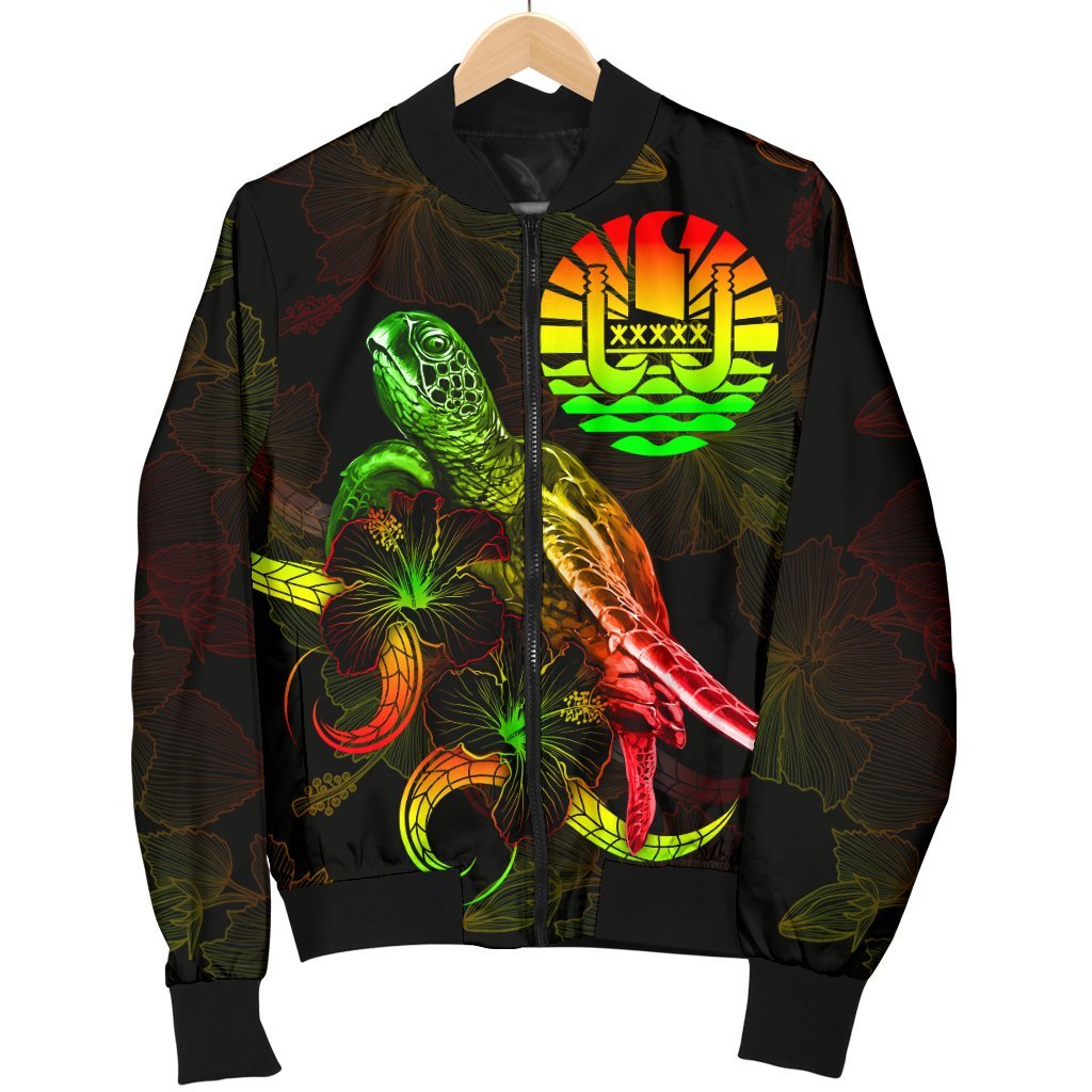 Tahiti Polynesian Men's Bomber Jacket - Turtle With Blooming Hibiscus Reggae - Polynesian Pride