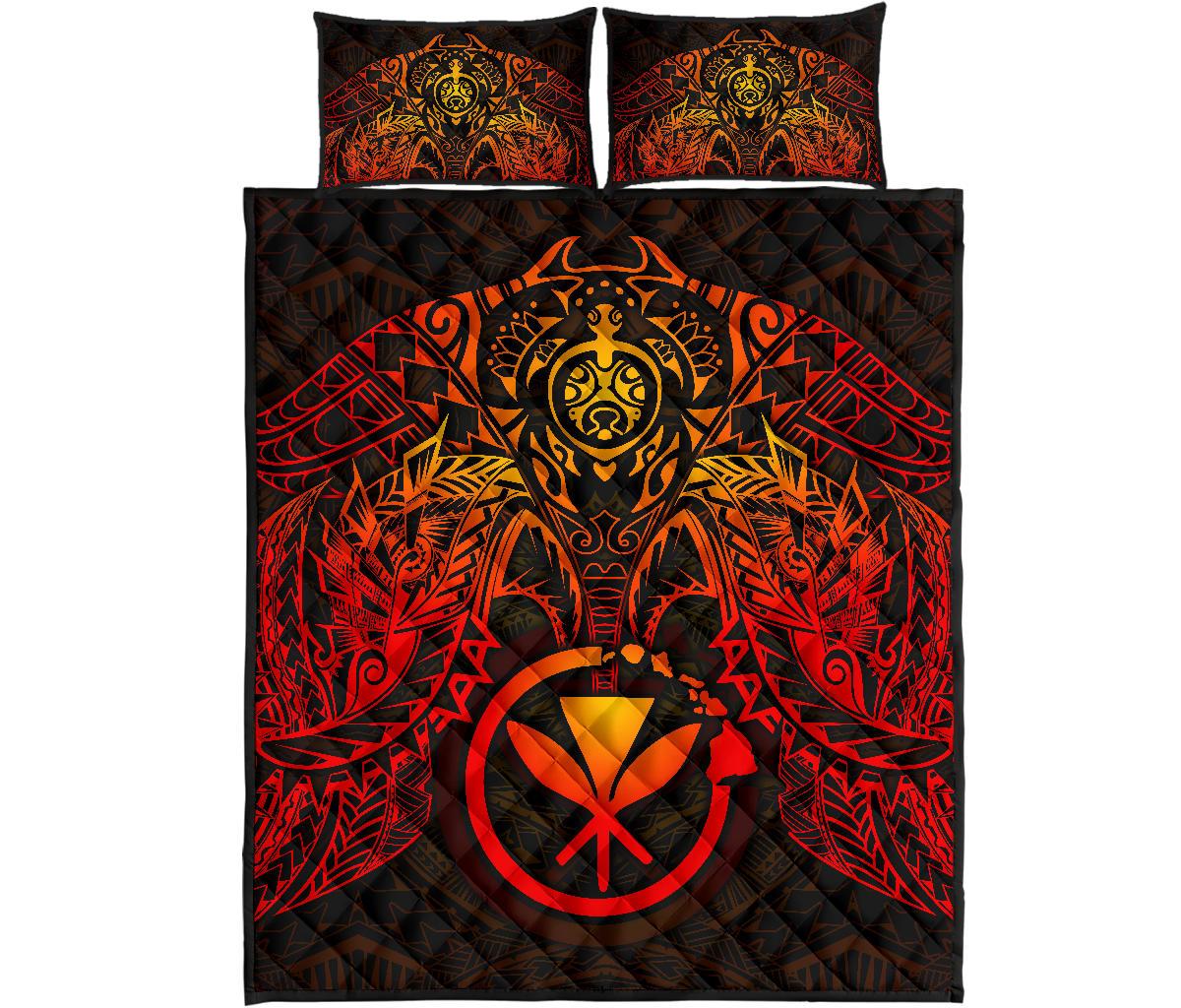 Hawaii Polynesian Quilt Bed Set - Hawaii Red Kanaka Maoli Turtle Manta Ray - Polynesian Pride