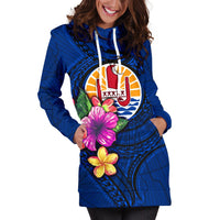 Tahiti Polynesian Women's Hoodie Dress - Floral With Seal Blue - Polynesian Pride