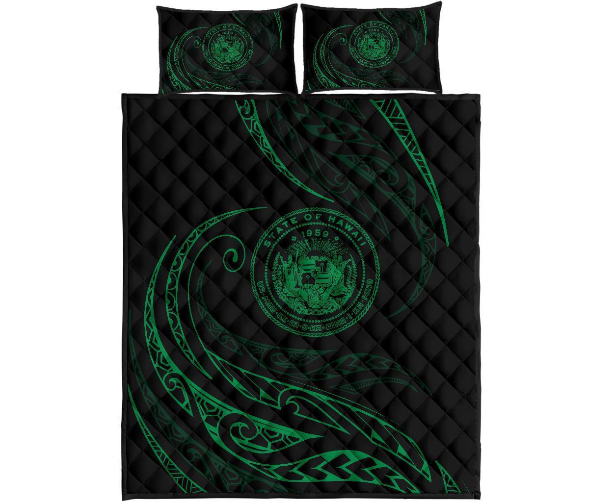 Hawaii Coat Of Arms Quilt Bed Set - Green - Frida Style Black - Polynesian Pride
