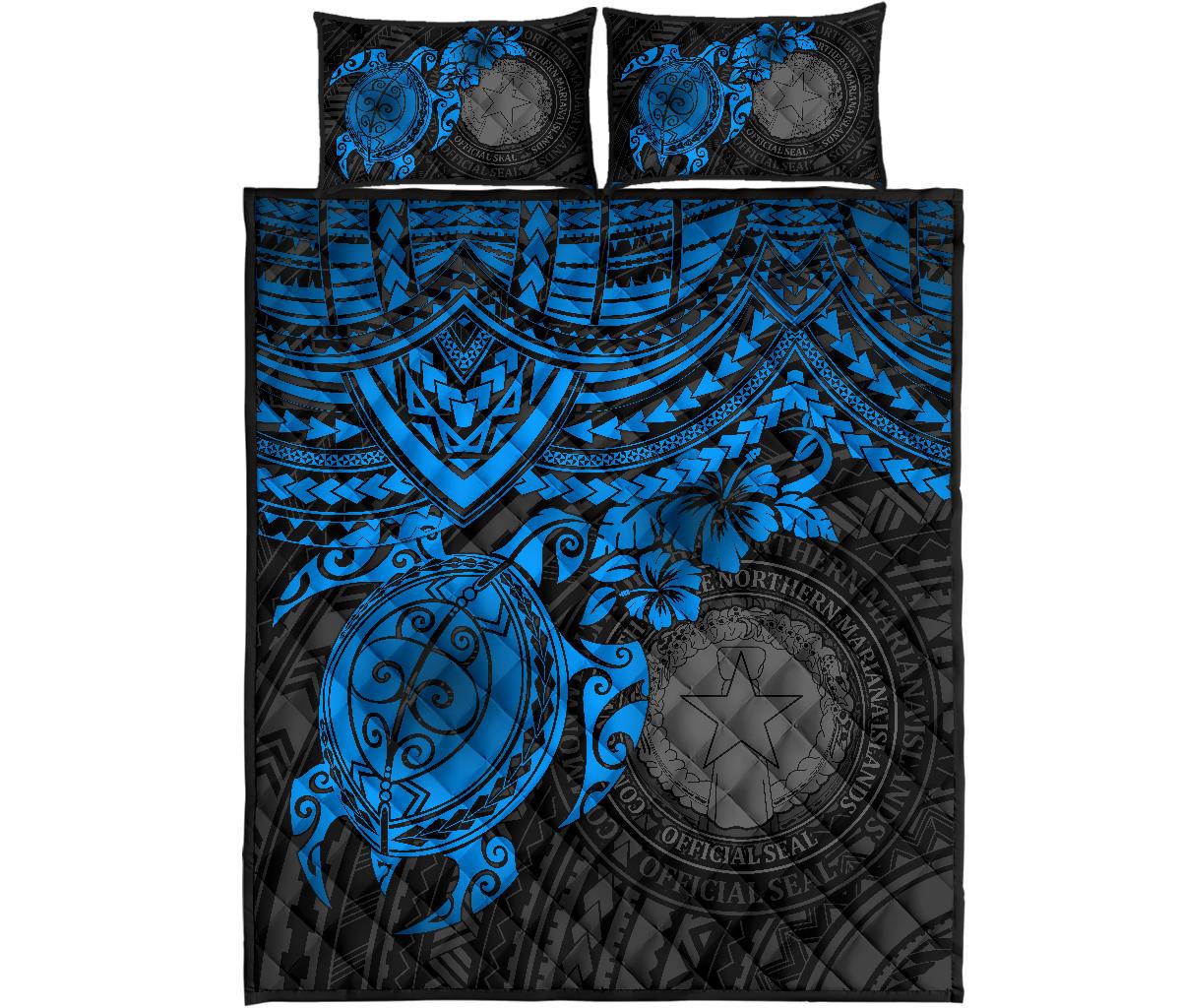 Northern Mariana Islands Polynesian Quilt Bed Set - Northern Mariana Islands Seal & Blue Turtle Hibiscus - Polynesian Pride