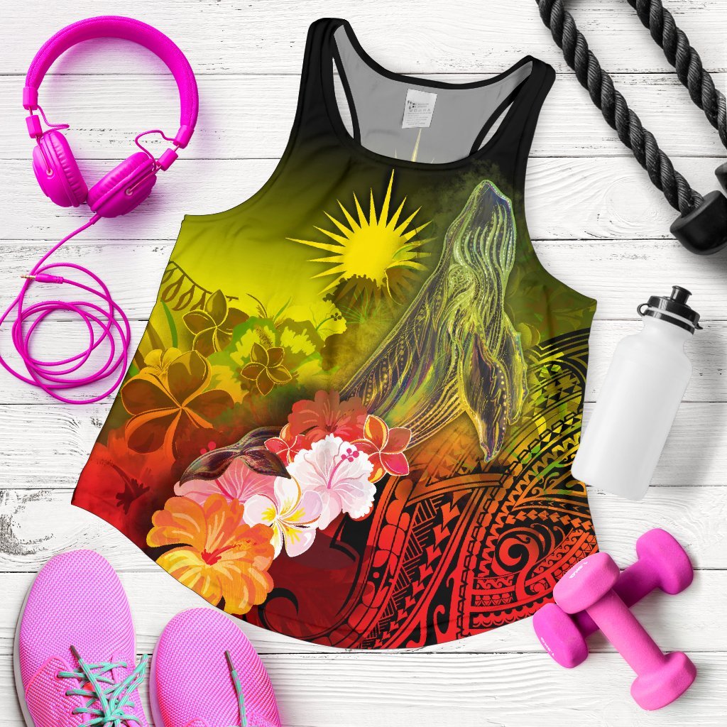 Marshall Islands Women's Racerback Tank - Humpback Whale with Tropical Flowers (Yellow) Yellow - Polynesian Pride