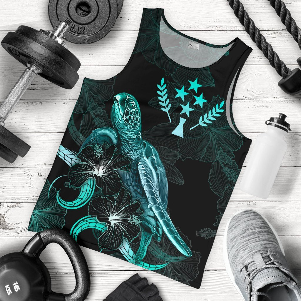 Kosrae Polynesian Men Tank Top - Turtle With Blooming Hibiscus Tuquoise Turquoise - Polynesian Pride