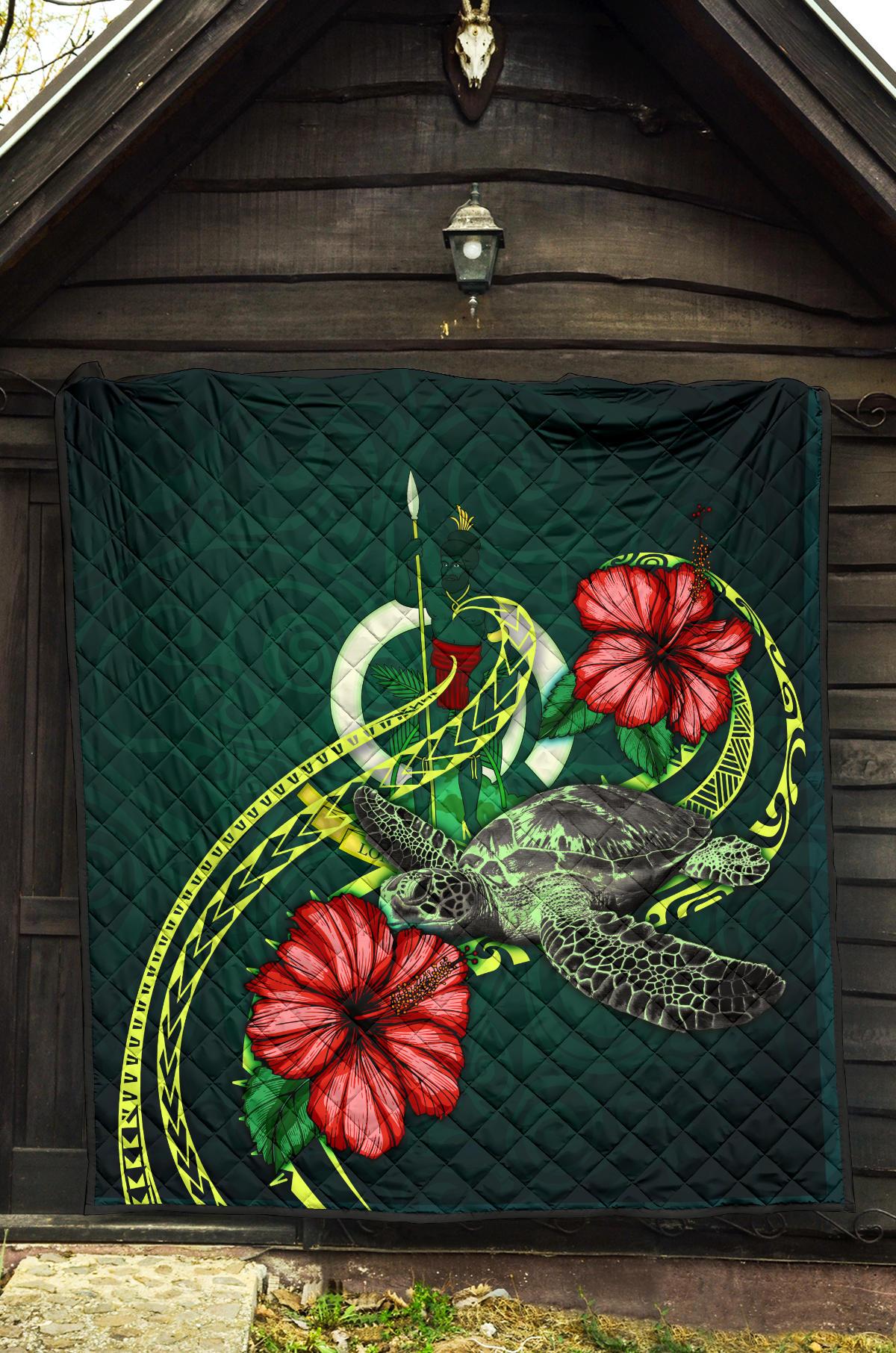 Vanuatu Polynesian Premium Quilt - Green Turtle Hibiscus - Polynesian Pride