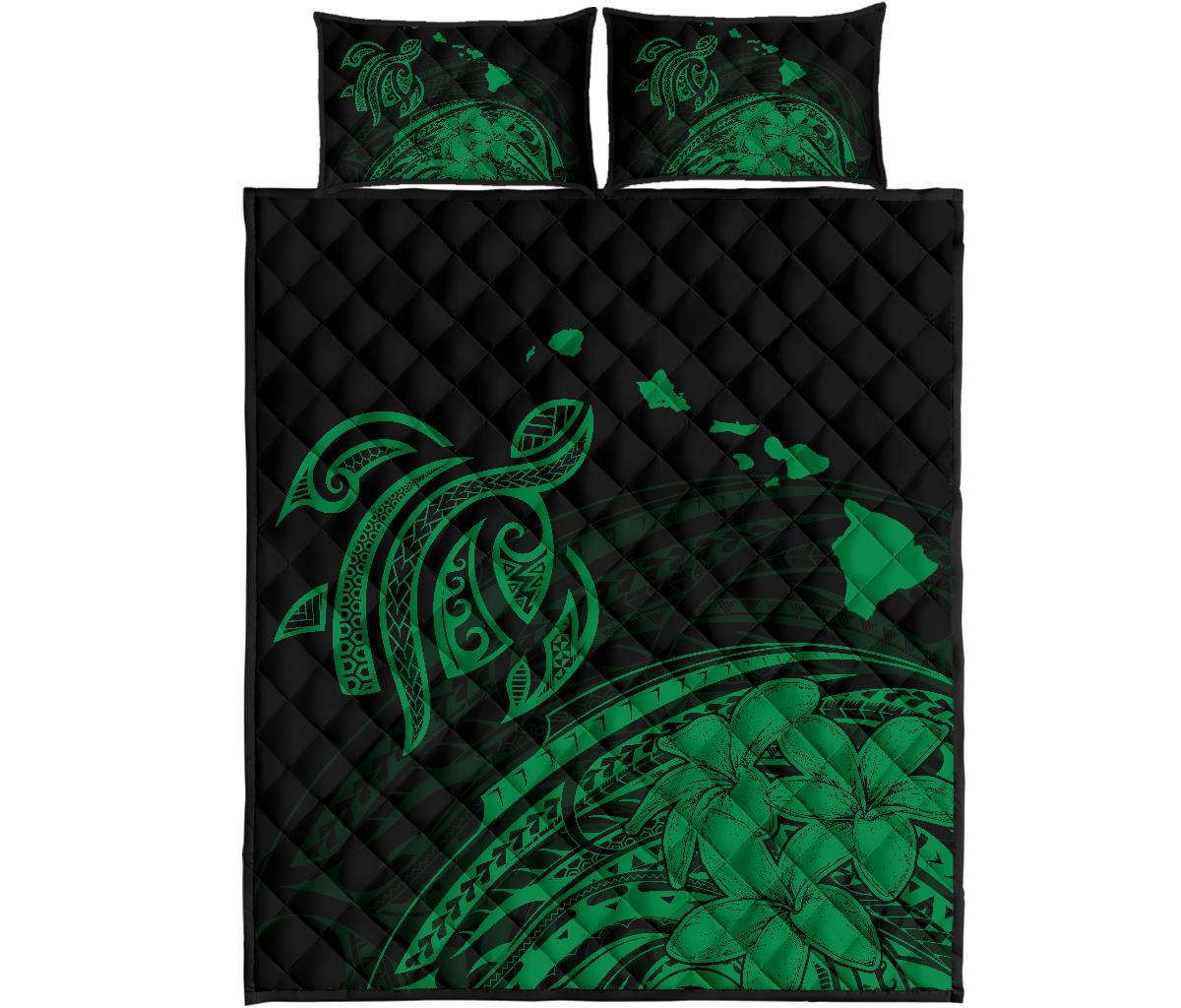 Hawaii Quilt Bed Set - Turtle Polynesian Map Plumeria Green Green - Polynesian Pride