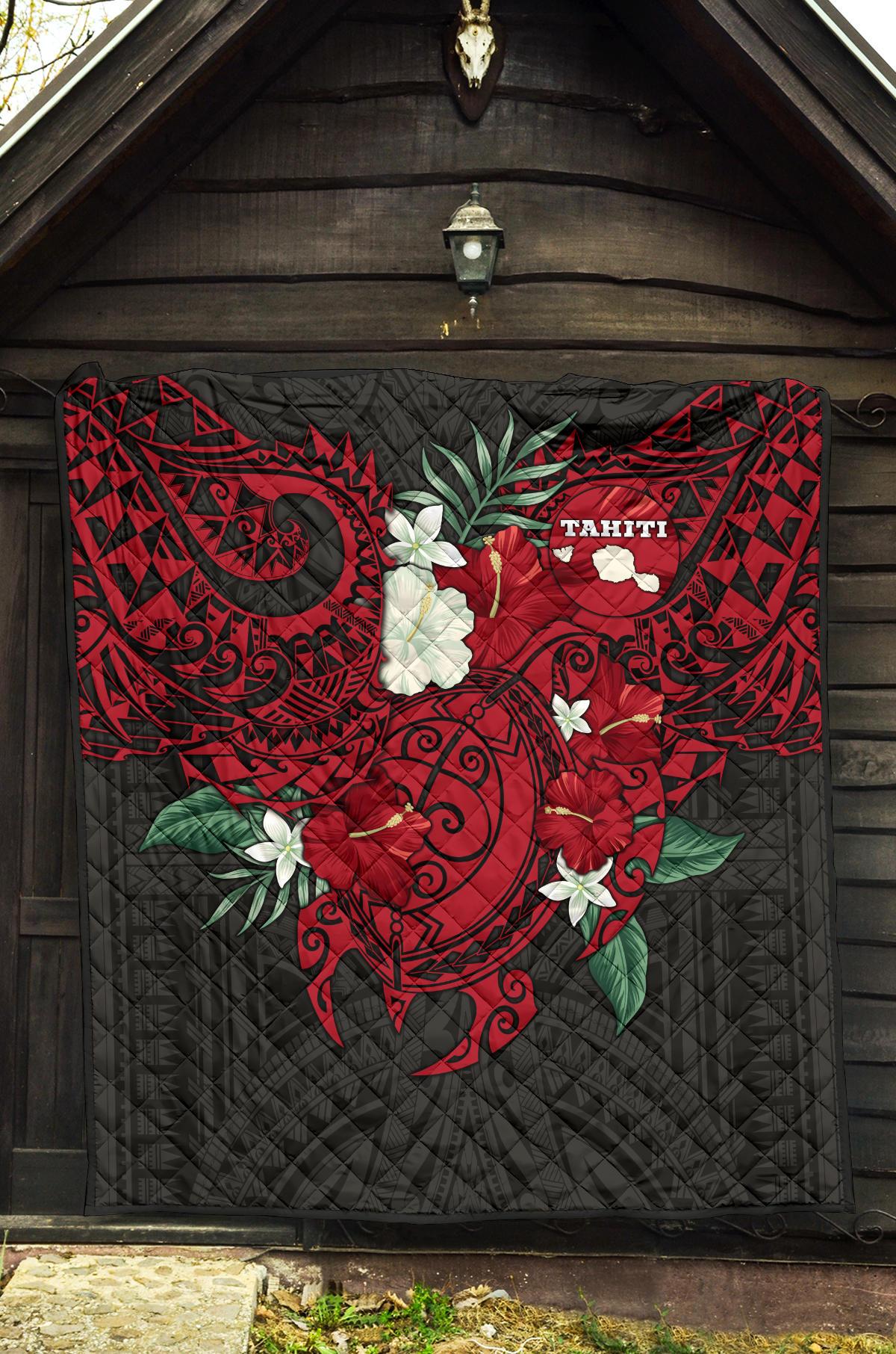 Tahiti Polynesian Premium Quilt - Hibiscus and Sea Turtle (Red) - Polynesian Pride