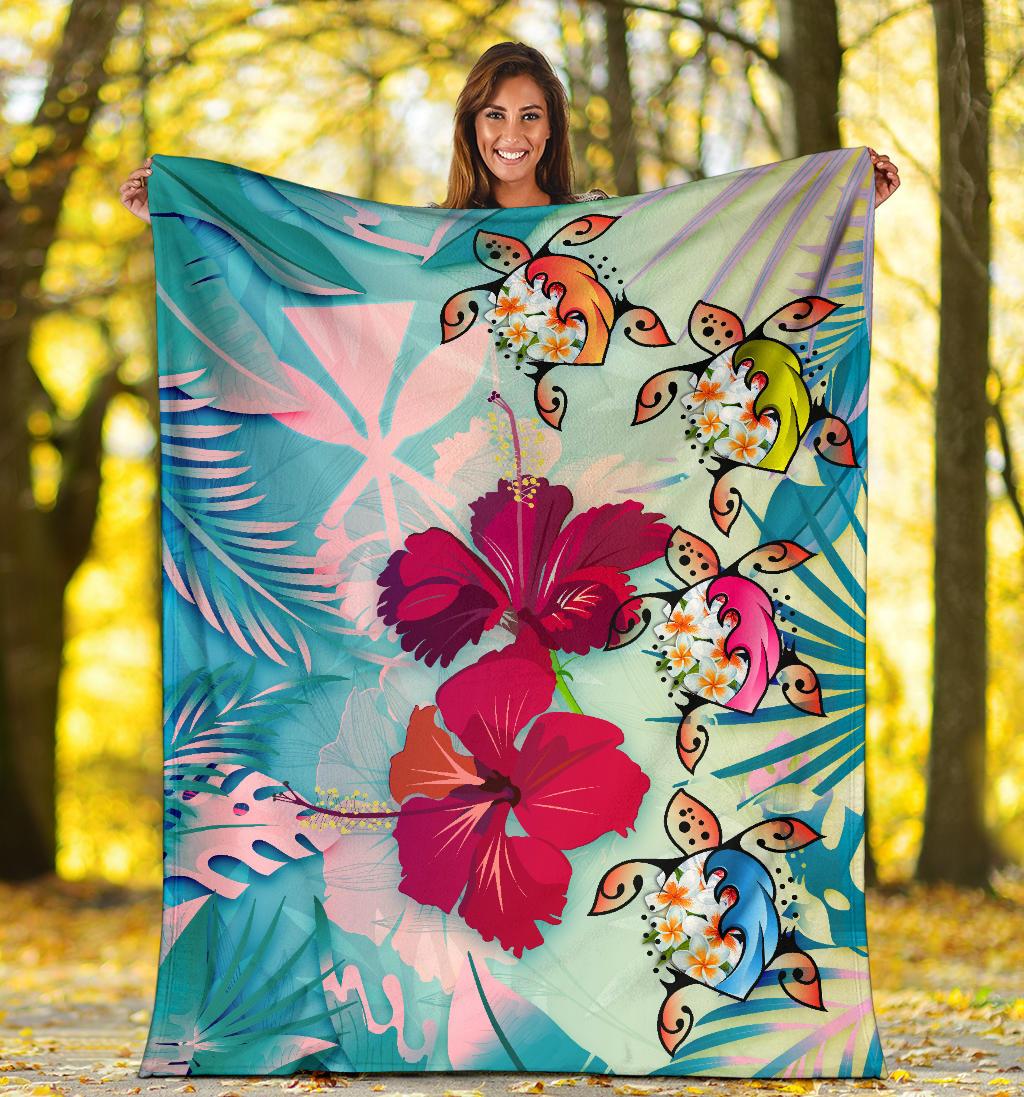 Polynesian Hawaii Premium Blanket - Plumeria Turtles with Hibiscus - Polynesian Pride