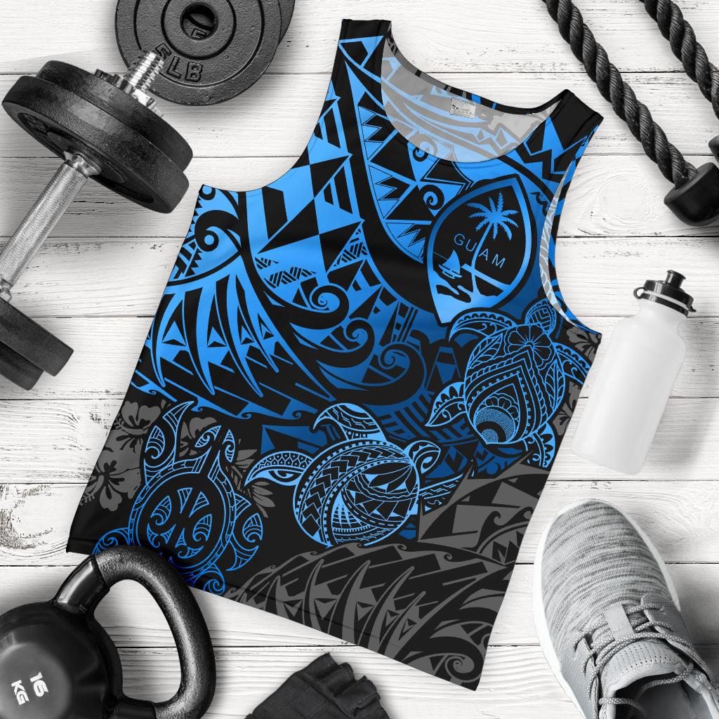 Guam Polynesian Tank Top (Men) - Blue Turtle Flowing Blue - Polynesian Pride