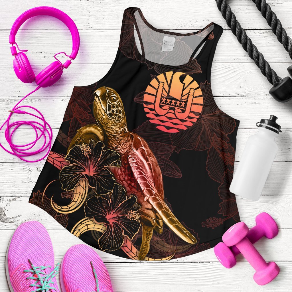Tahiti Polynesian Women Tank Top - Turtle With Blooming Hibiscus Gold Gold - Polynesian Pride