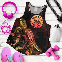 Tahiti Polynesian Women Tank Top - Turtle With Blooming Hibiscus Gold Gold - Polynesian Pride