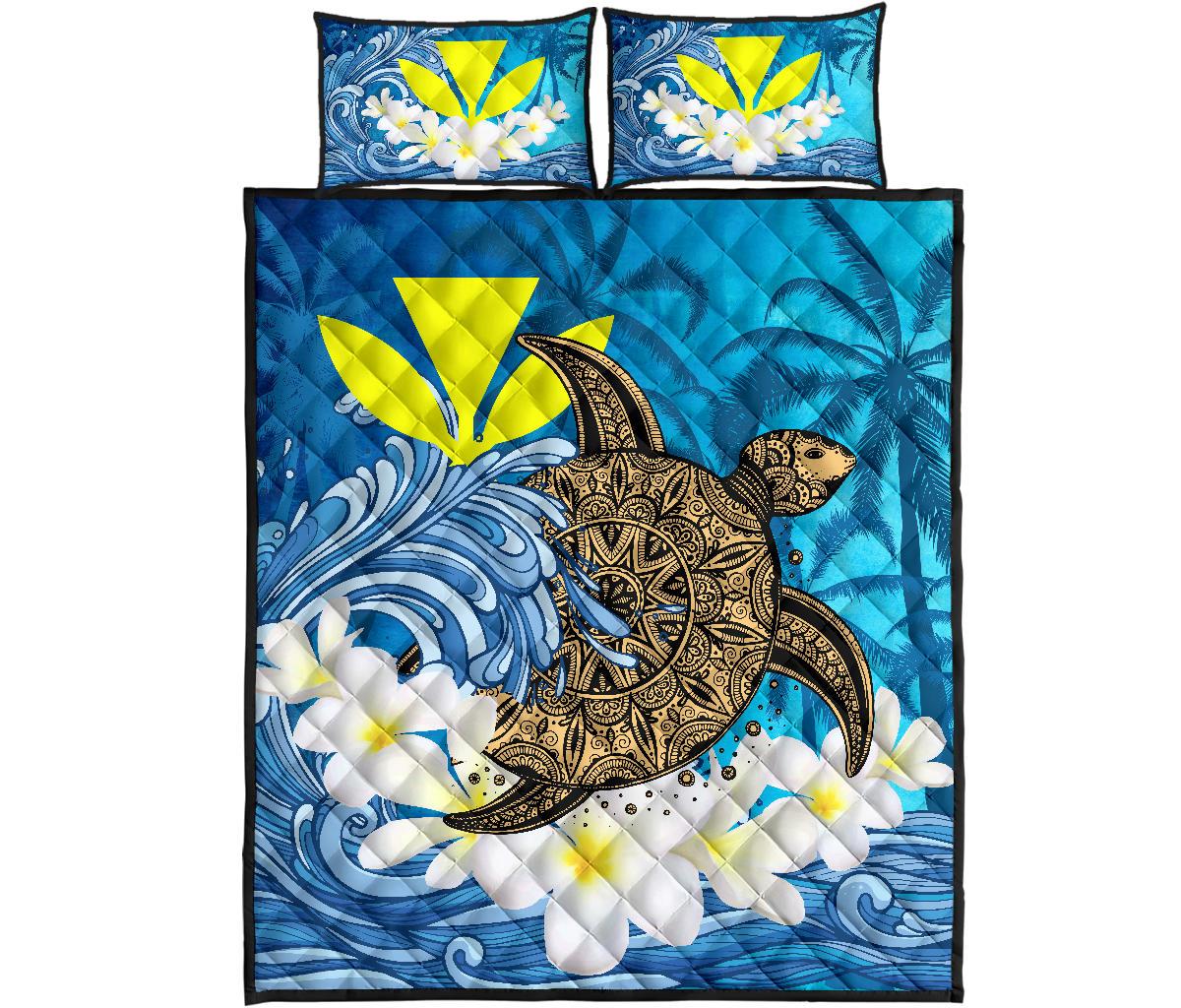 Hawaii Sea Turtle Plumeria Coconut Tree Quilt Bed Set Blue - Polynesian Pride