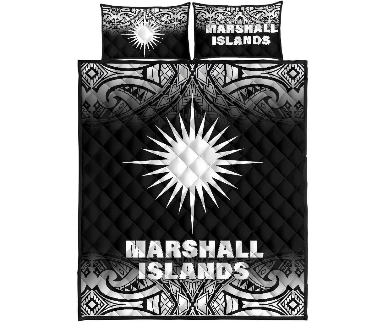 Marshall Islands Quilt Bed Set - Marshall Islands Flag Polynesian Tattoo Black Fog Style Black - Polynesian Pride