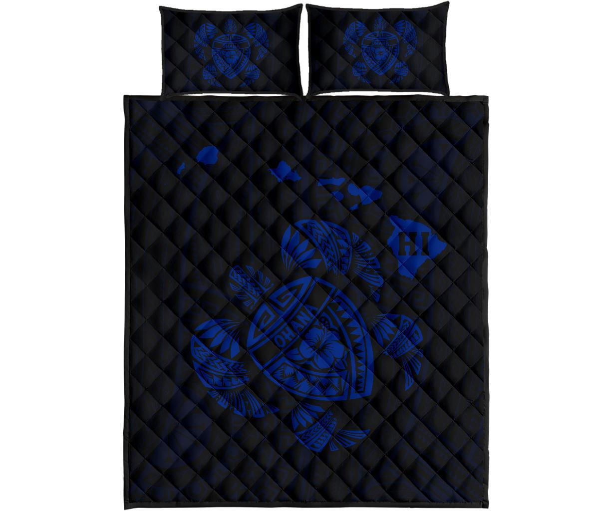 Hawaii Turtle Hibicus Map Quilt Bed Set - Blue Blue - Polynesian Pride