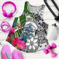 Palau Women's Racerback Tank White - Turtle Plumeria Banana Leaf Crest White - Polynesian Pride