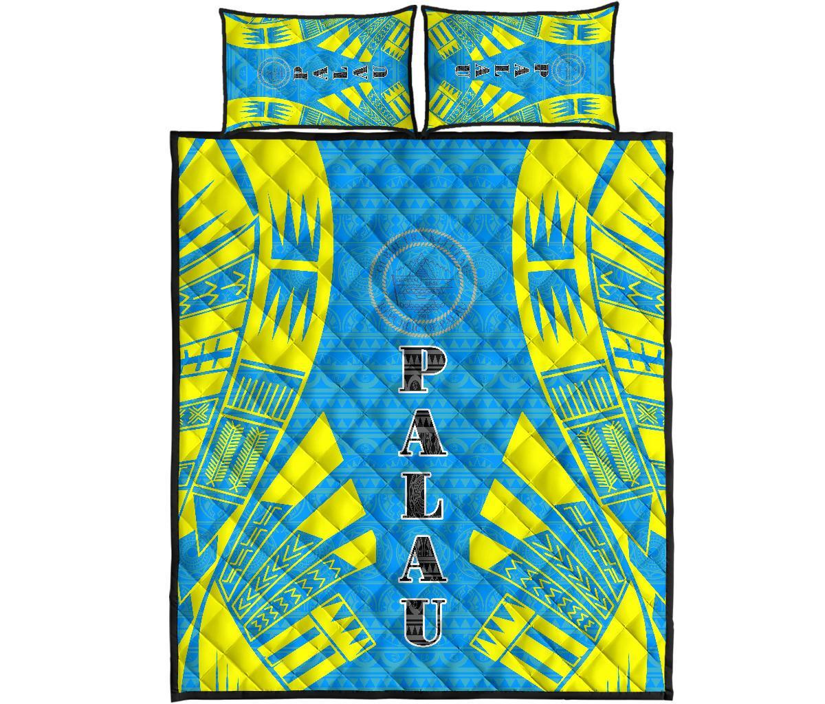 Palau Quilt Bed Set - Palau Seal & Polynesian Yellow Tattoo Style Art - Polynesian Pride