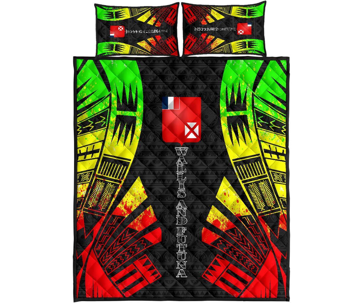 Wallis and Futuna Quilt Bed Set - Wallis and Futuna Coat Of Arms & Polynesian Reggae Tattoo Style Art - Polynesian Pride