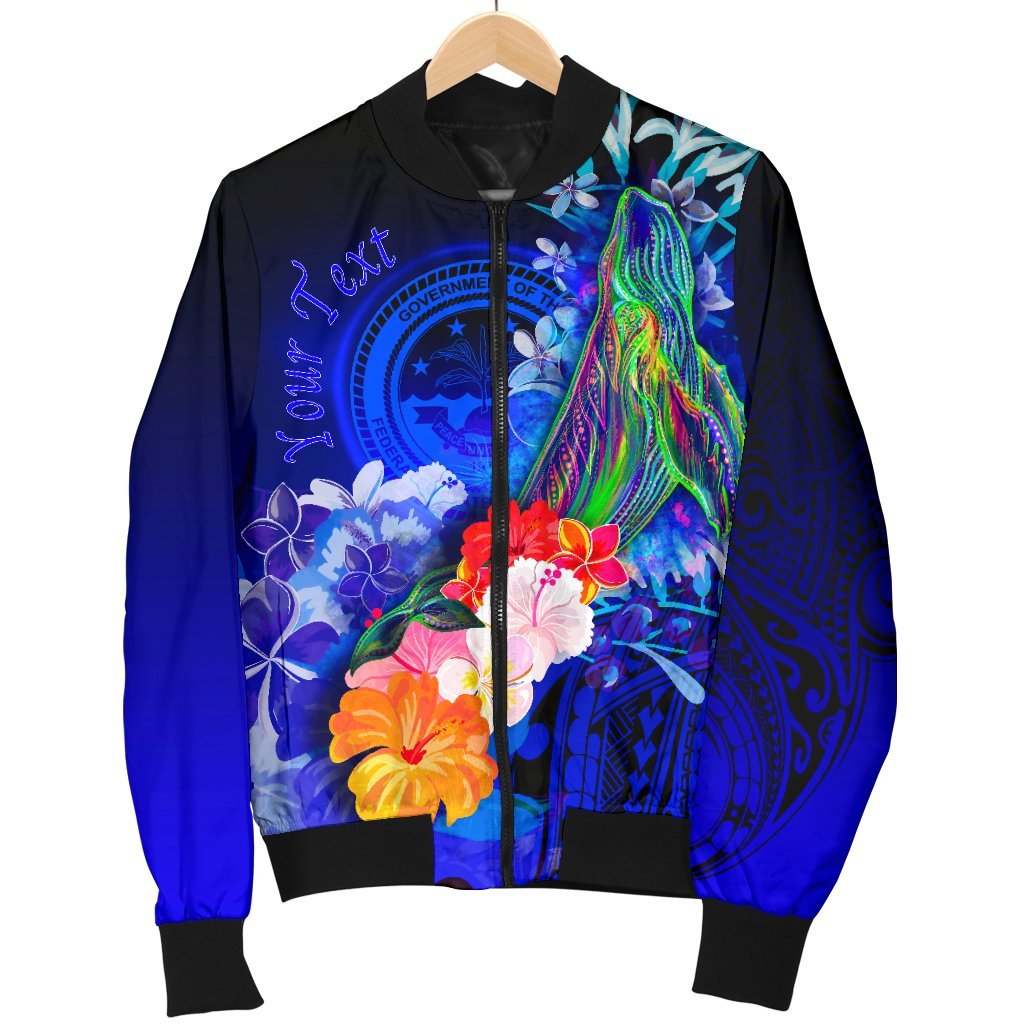 Federated States of Micronesia Custom Personalised Men's Bomber Jacket - Humpback Whale with Tropical Flowers (Blue) - Polynesian Pride