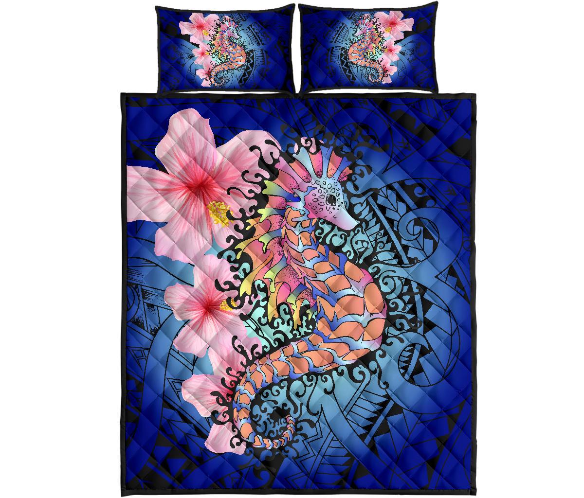 Hawaii Polynesian Pink Hibiscus Seahorse Quilt Bed Set Blue - Polynesian Pride