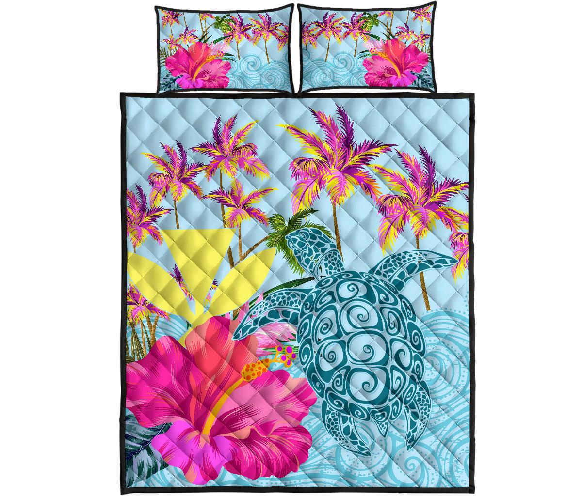 Hawaii Sea Turtle Hibiscus Kanaka Quilt Bed Set Blue - Polynesian Pride