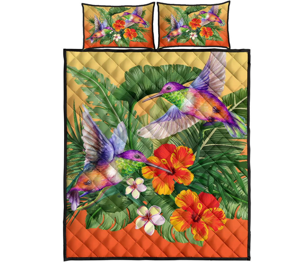 Hawaii Hummingbird Hibiscus Tropical Quilt Bed Set - Jungle Style - AH Orange - Polynesian Pride