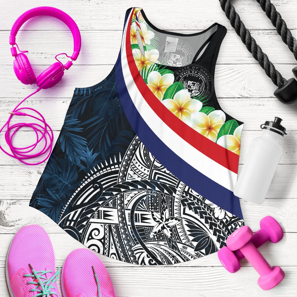 Polynesian Hawaii Women's Racerback Tank - Hawaii Seal With Plumeria Style Black - Polynesian Pride