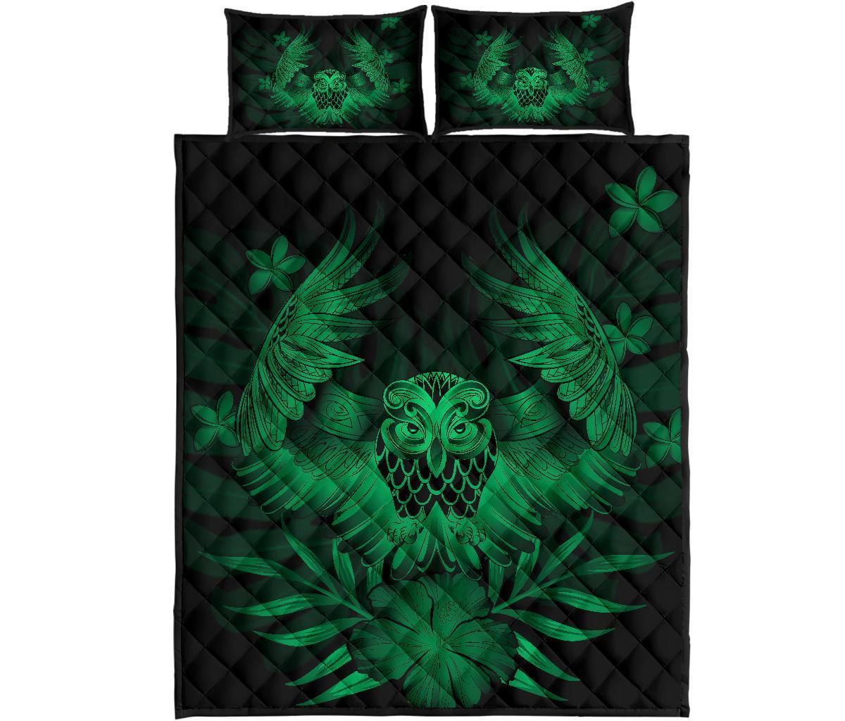 Hawaii Owl Hibiscus Plumeria Quilt Bed Set - Green Green - Polynesian Pride