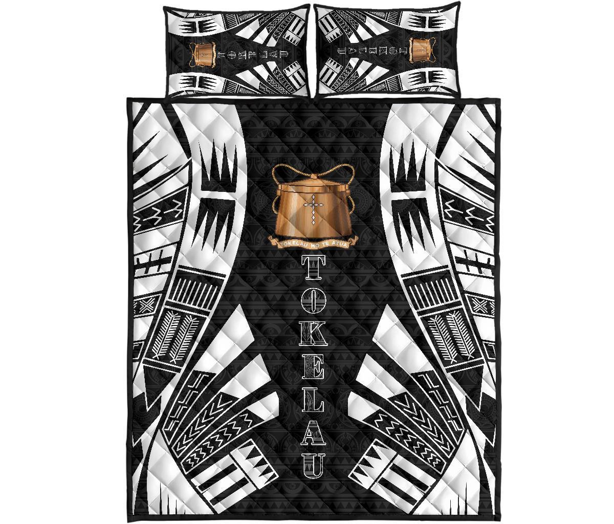 Tokelau Quilt Bed Set - Tokelau Coat Of Arms White Tattoo Style Black - Polynesian Pride
