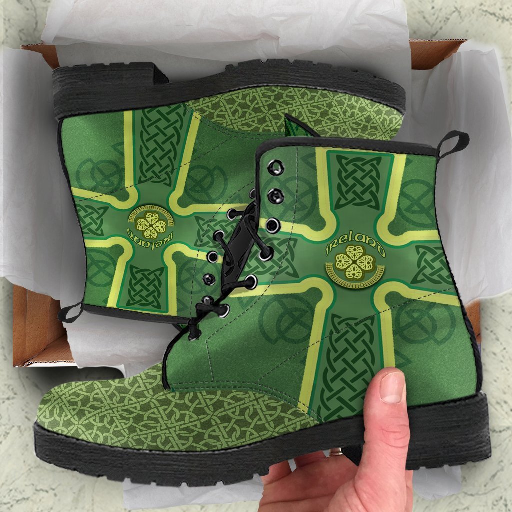 Celtic Leather Boots - Ireland Celtic Cross With Knot Leather Boots Green - Polynesian Pride