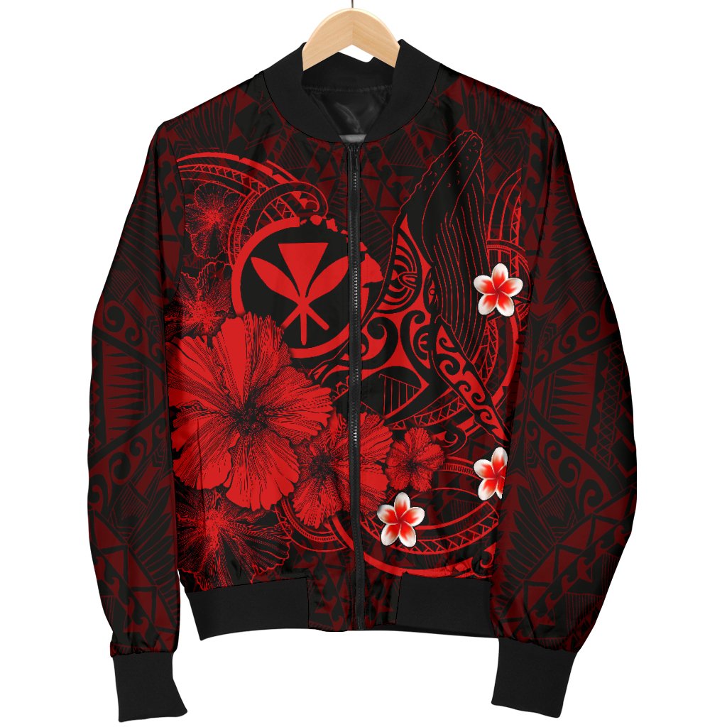 Polynesian Hawaii Kanaka Maoli Men's Bomber Jacket - Humpback Whale with Hibiscus (Red) - Polynesian Pride