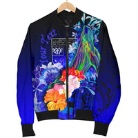 Fiji Custom Personalised Men's Bomber Jacket - Humpback Whale with Tropical Flowers (Blue) - Polynesian Pride