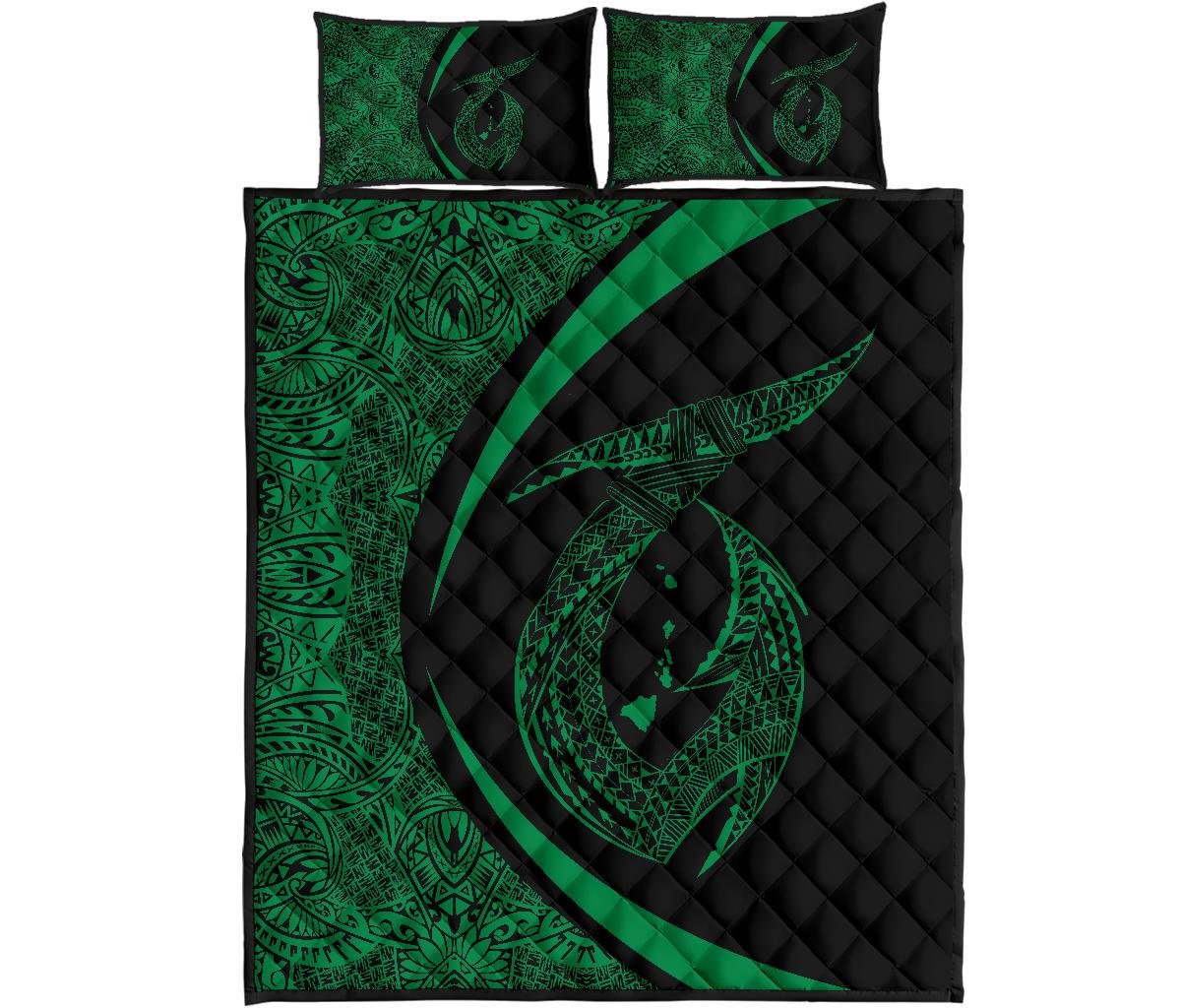 Hawaii Fish Hook Polynesian Quilt Bed Set - Circle Style Green Green - Polynesian Pride