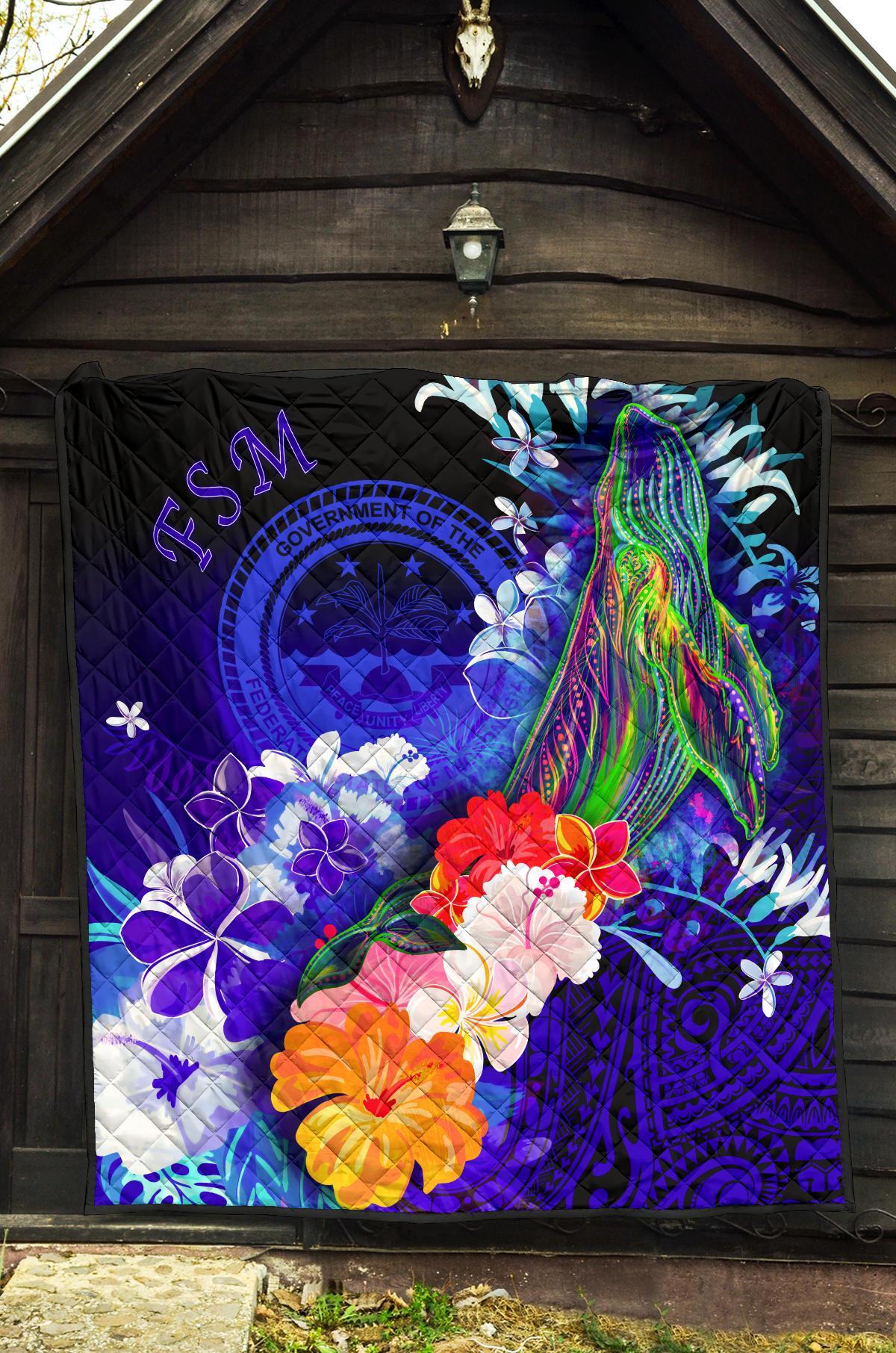 Federated States of Micronesia Premium Quilts - Humpback Whale with Tropical Flowers (Blue) - Polynesian Pride