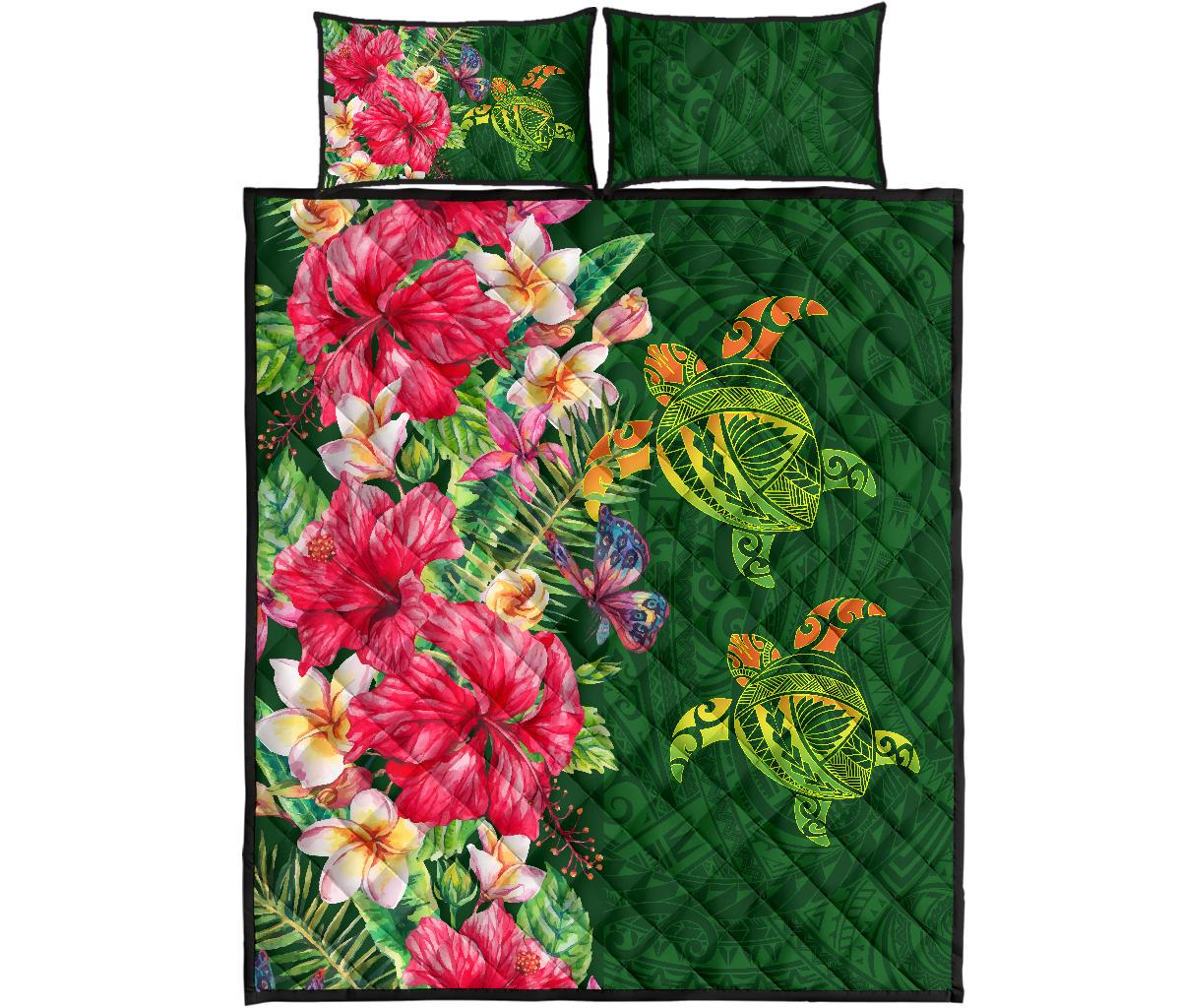 Hawaii Turtle Hibiscus Plumeria Polynesian Quilt Bed Set - Cala Style - AH Green - Polynesian Pride