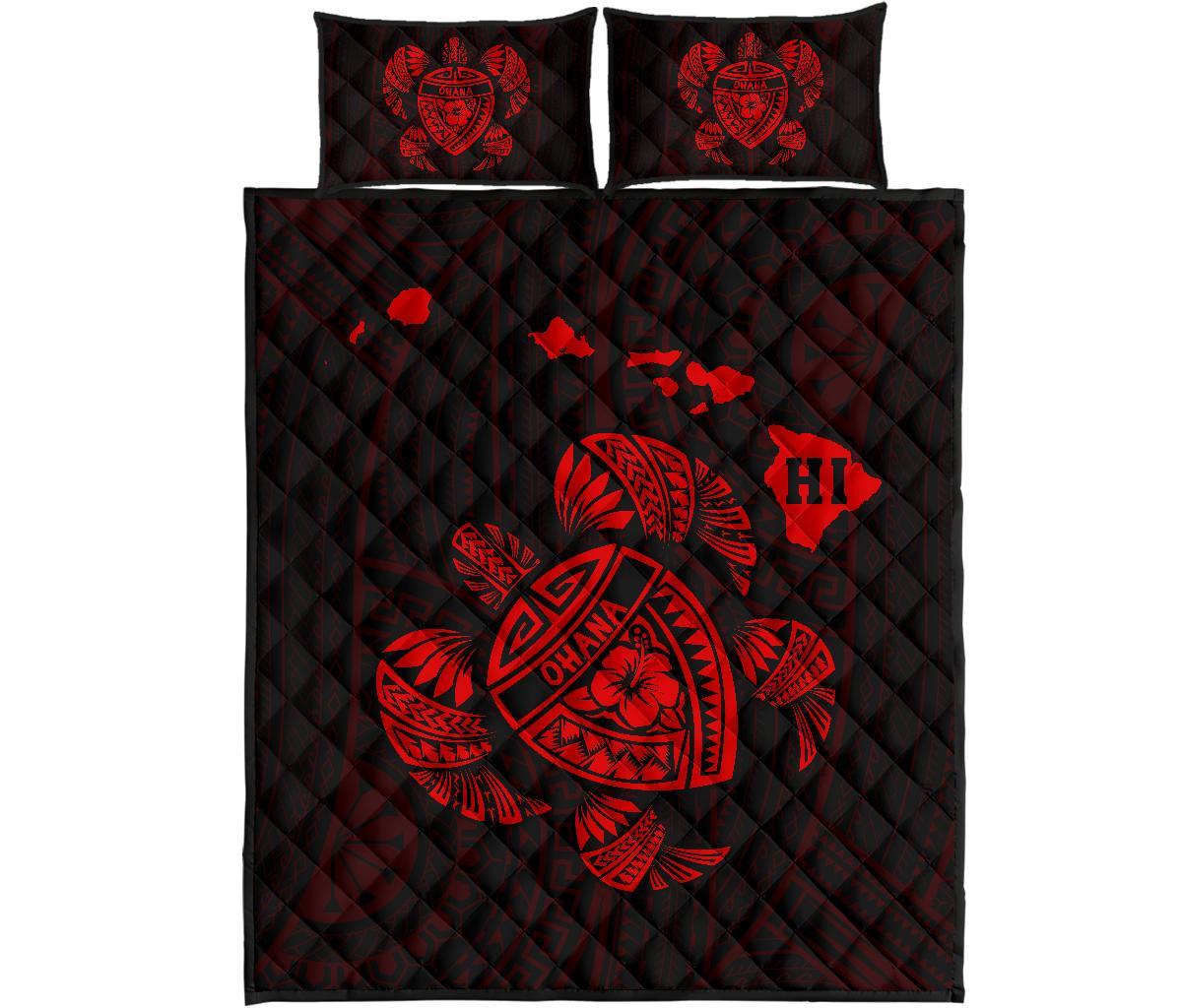 Hawaii Turtle Hibicus Map Quilt Bed Set - Red Red - Polynesian Pride