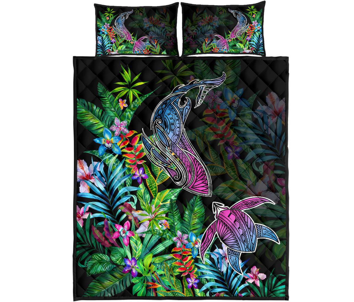 Hawaii Shark Turtle Tropical Polynesian Quilt Bed Set - Happy Style - AH Black - Polynesian Pride